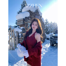 批发AZZHEN【圣诞节】挂脖圣诞节新年氛围针织连衣裙三件套含腿套套装