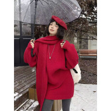 批发慵懒加厚软糯针织衫短裙三件套女2025秋冬宽松围巾毛衣半身裙套装