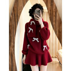 批发韩系慵懒风本命年红色毛衣半身裙套装25冬女装小个子高级感两件套