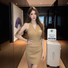 批发法式纯欲风挂脖V领<b class='q'>针织</b>连衣裙女春季显瘦百搭收腰内搭打底包臀裙