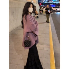 批发粉紫色披肩斗篷大衣女冬季2026新款加厚小个子短款毛衣外套
