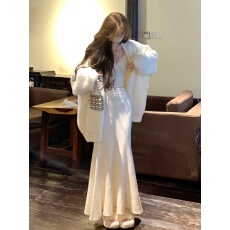 批发Xxiiuu 秋冬温柔气质宽松版毛衣外套<b class='q'>蕾丝</b>吊带针织鱼尾裙三件套装