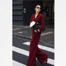 批发安可拉红针织套装女<b class='q'>秋</b>季高级轻奢时尚气质V领毛衣衫阔腿裤两件套