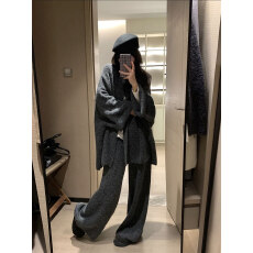 批发2026秋<b class='q'>冬</b>新款慵懒风高级感宽松毛绒针织毛衣外套阔腿裤两件套装女