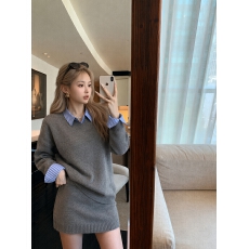 批发实拍！ 韩系灰色翻领假两件套头毛衣女秋宽松针织衫上衣裙子套装