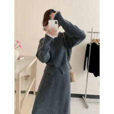 批发<b class='q'>韩国</b>chic秋冬复古高级感软糯开叉花边长袖毛衣女+高腰针织半身裙