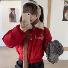 批发2025年美式复古翻领官图毛毛领<b class='q'>棉衣</b>外套女冬季新款设计字母刺绣