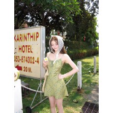 批发Ashy Snow3/28夏日雏菊 绿色碎花收腰吊带连衣裙短裙