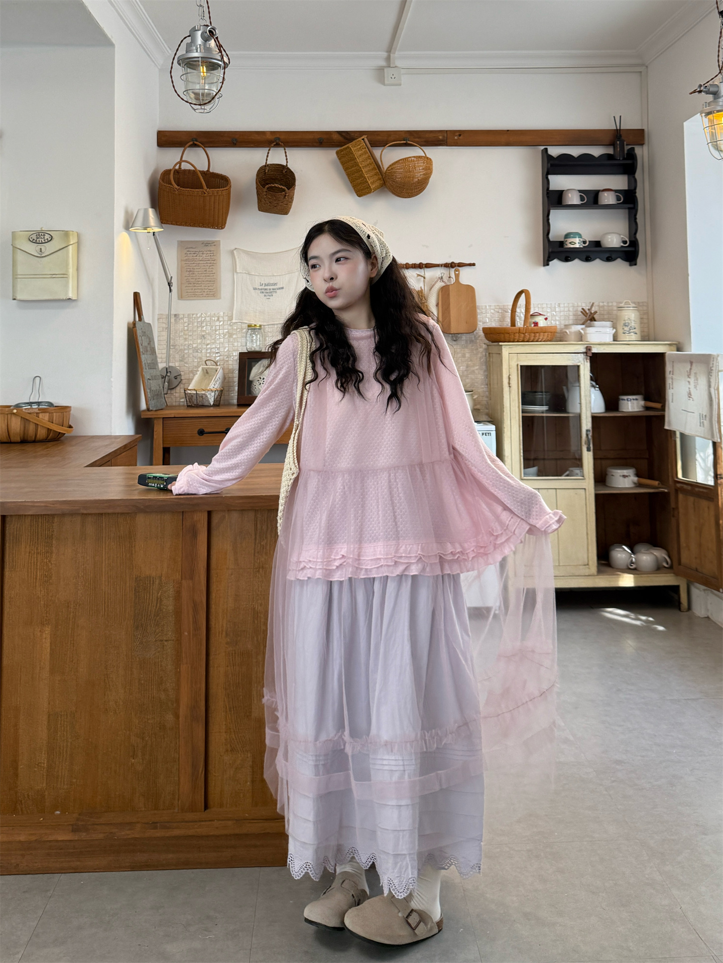실사 정가 루즈핏 긴팔 분말 t+ 망사 조끼 스커트 레이스 반신 스커트