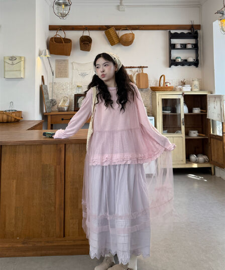 실사 정가 루즈핏 긴팔 분말 t+ 망사 조끼 스커트 레이스 반신 스커트