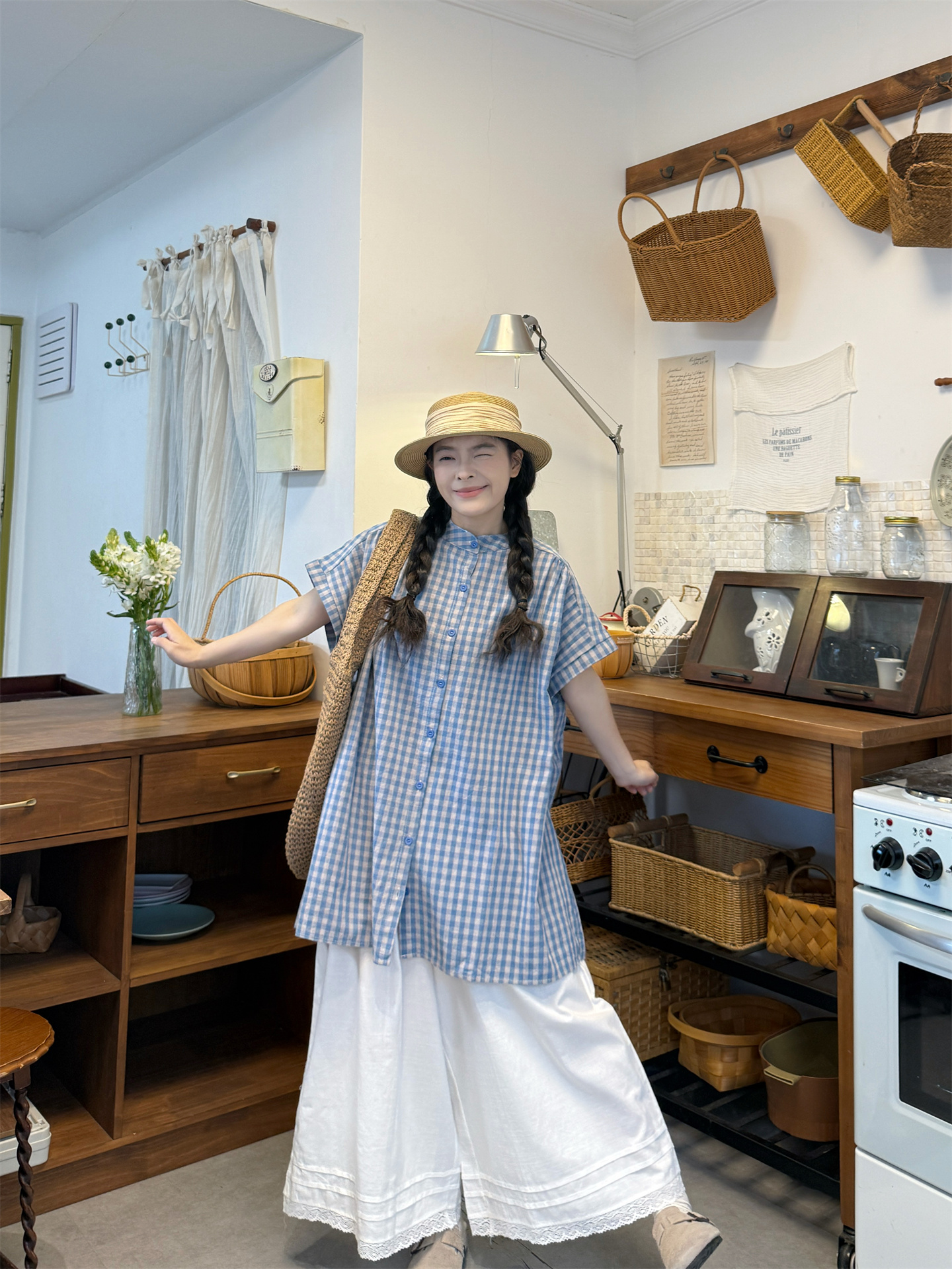 실사 반팔 격자 무늬 셔츠 바지