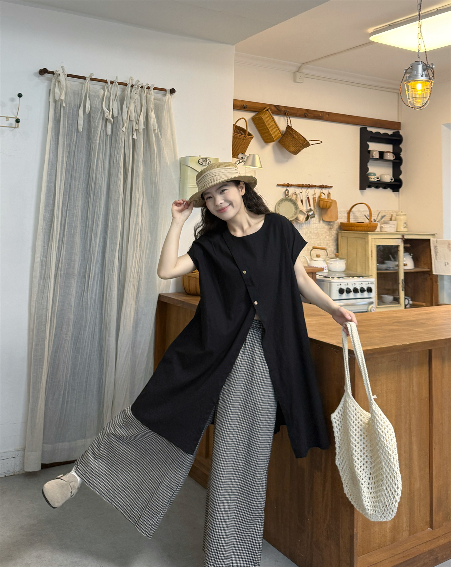 실사 루즈핏 반팔 셔츠 체크무늬 바지