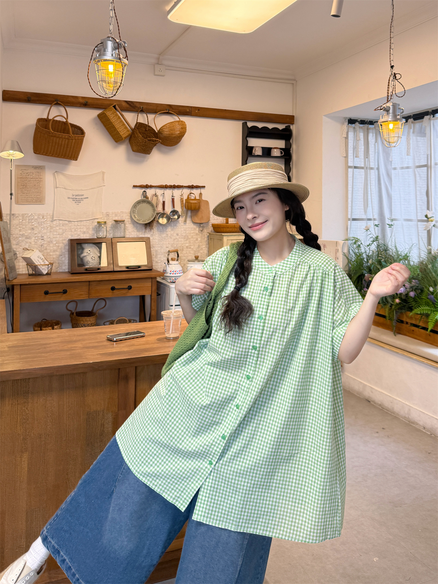 실사 반팔 녹색 그리드 셔츠 청바지