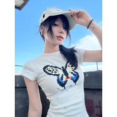 批发美式辣妹字母蝴蝶印花短袖<b class='q'>t</b><b class='q'>恤</b>女夏季新款小众独特别致修身上衣