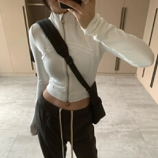 批发双拉链白色立领长袖鱼骨上衣女装秋季收腰瑜伽服短款修身运动<b class='q'>外套</b>