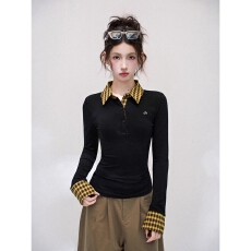 批发黑色格子<b class='q'>假两件</b>正肩长袖t恤女早秋季修身紧身内搭打底衫polo上衣