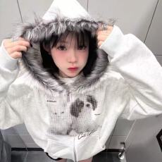批发美式复古学院风猫狗印花毛领连帽外套女秋冬加绒加厚<b class='q'>宽松</b>开衫<b class='q'>卫衣</b>