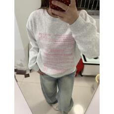 美式复古乐谱字母印花圆领卫衣女秋冬季灰色慵懒无帽加绒宽松上衣