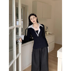 批发韩系高级感条纹拼接假两件长袖t恤女早秋季2025新款收腰显瘦上衣