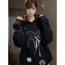 批发波点小猫蝴蝶结连帽卫衣女秋冬小众设计感日系可爱宽松套头外套潮