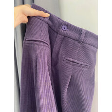 批发灯芯绒复合银狐绒紫色裤子秋冬西装裤加绒休闲裤