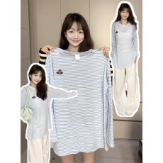 批发清雅甜心~经典百搭条纹长袖T恤女<b class='q'>夏季</b>薄款防晒罩衫宽松上衣