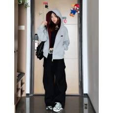 批发美式重磅撞色刺绣连帽<b class='q'>开衫</b><b class='q'>卫衣</b>女秋季潮牌硬挺高级感短款情侣外套