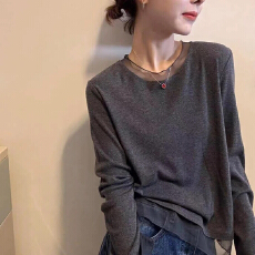 批发假两件蕾丝网纱拼接长袖T恤女早秋新款设计感圆领内搭打底衫上衣