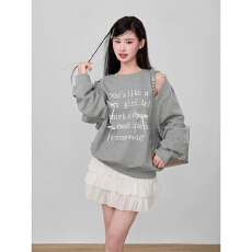 批发灰色蝴蝶结露肩圆领卫衣女春秋季薄款设计感<b class='q'>镂空</b>无帽套头上衣早秋