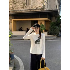 白色加绒内搭打底衫女秋冬小狗印花长袖T恤休闲可外穿上衣