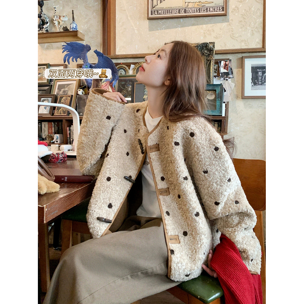 한 부서 도트 무늬 양면 착용 양털 여성 코트 겨울 루즈핏 캐주얼 작은 키 커피 색상 목화 진딧물 맨위
