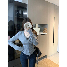 批发辣妹灰色蕾丝边鱼骨系带V领长袖T恤女秋冬德绒打底衫内搭<b class='q'>修身</b>上衣