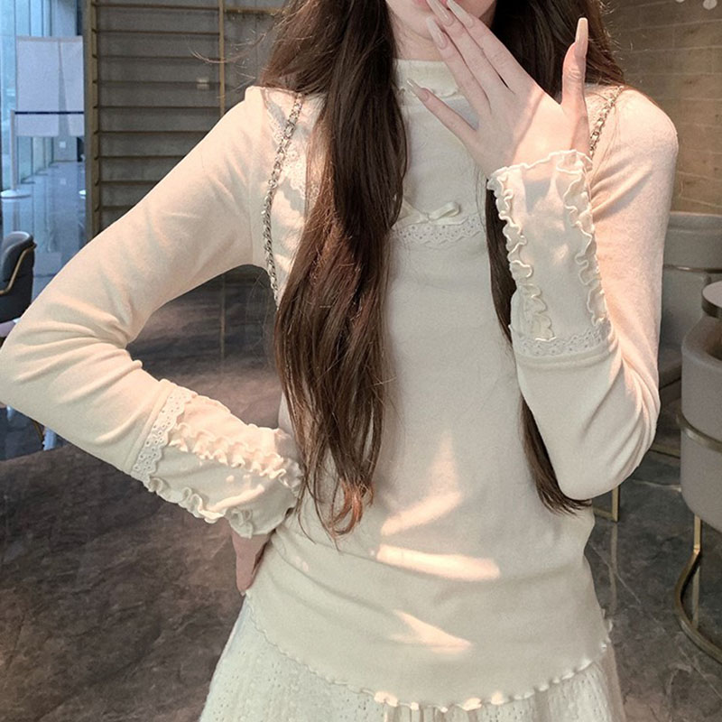 MY17011# 日系甜美蝴蝶结木耳边长袖打底衫女新冬款女裝貨源服裝批發