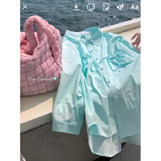 批发多巴胺湖蓝色<b class='q'>衬衫女</b>春秋新款韩系宽松口袋设计感甜美<b class='q'>长袖</b>防晒上衣
