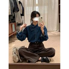 批发复古韩系交叉领牛仔衬衫女春秋新款设计感小众别致上衣叠穿外套