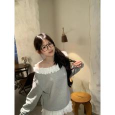 批发韩系灰色斜肩<b class='q'>卫衣</b>女早春花边拼接一字肩<b class='q'>长袖</b>宽松慵懒风辣妹上衣潮