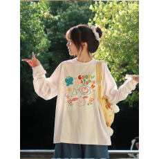 批发纯棉正肩白色内搭t恤女秋季上衣圆领<b class='q'>可爱</b>打底衫韩系彩绘休闲长袖