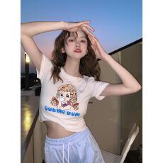 批发纯棉短款短袖t恤女修身甜辣妹性感印花露脐装上衣紧身夏季潮