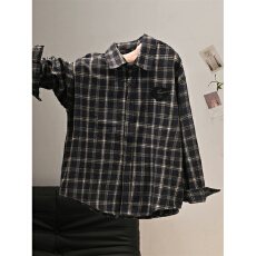 批发韩系复古磨毛格子长袖<b class='q'>衬衫</b>外套女春秋新款宽松百搭慵懒风<b class='q'>情侣</b><b class='q'>衬衣</b>