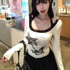 批发美式复古蕾丝花边印花<b class='q'>长袖</b><b class='q'>T</b><b class='q'>恤</b>女秋冬修身辣妹露背紧身u领挂脖上衣