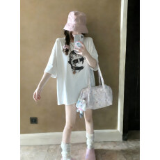 批发美式复古<b class='q'>街头</b>嘻哈人脸印花短袖T恤女春季新款宽松潮牌上衣