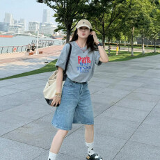 美式复古简约印花圆领短袖t恤女夏季新款oversize百搭上衣