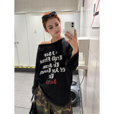 批发美式<b class='q'>街头</b>字母辣妹斜肩长袖T恤女秋季宽松百搭露肩上衣潮