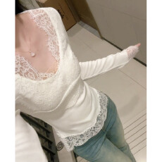 批发纯欲蕾丝v领白色打底衫内搭长袖t恤女2026春季设计感辣妹修身上衣