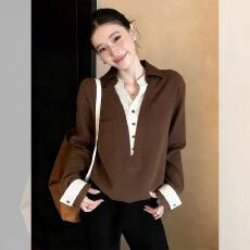 批发咖色条纹拼接宽松假两件衬衣衬衫女2026早春季法式慵懒通勤风上衣