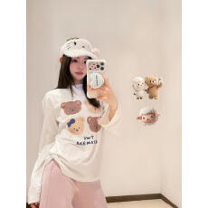 批发可爱风卡通小熊<b class='q'>印花</b>纯棉长袖<b class='q'>T</b><b class='q'>恤</b>女春秋新款宽松休闲百搭圆领上衣