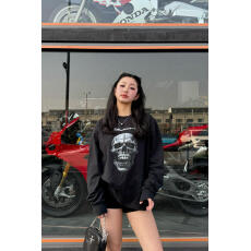 批发美式复古长袖<b class='q'>t</b><b class='q'>恤</b>女早春骷髅头<b class='q'>印花</b>黑色体恤朋克风宽松情侣上衣y2k