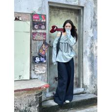 批发美式复古灰色一字领露肩长袖t恤女2026新款oversize辣妹上衣