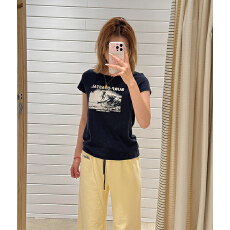 批发美式复古滑雪字母印花短袖T恤bm纯棉修身显瘦上衣女夏