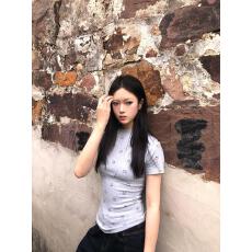 批发灰色纯棉笑脸印花正肩短袖t恤女夏季美式辣妹性感修身短款上衣潮